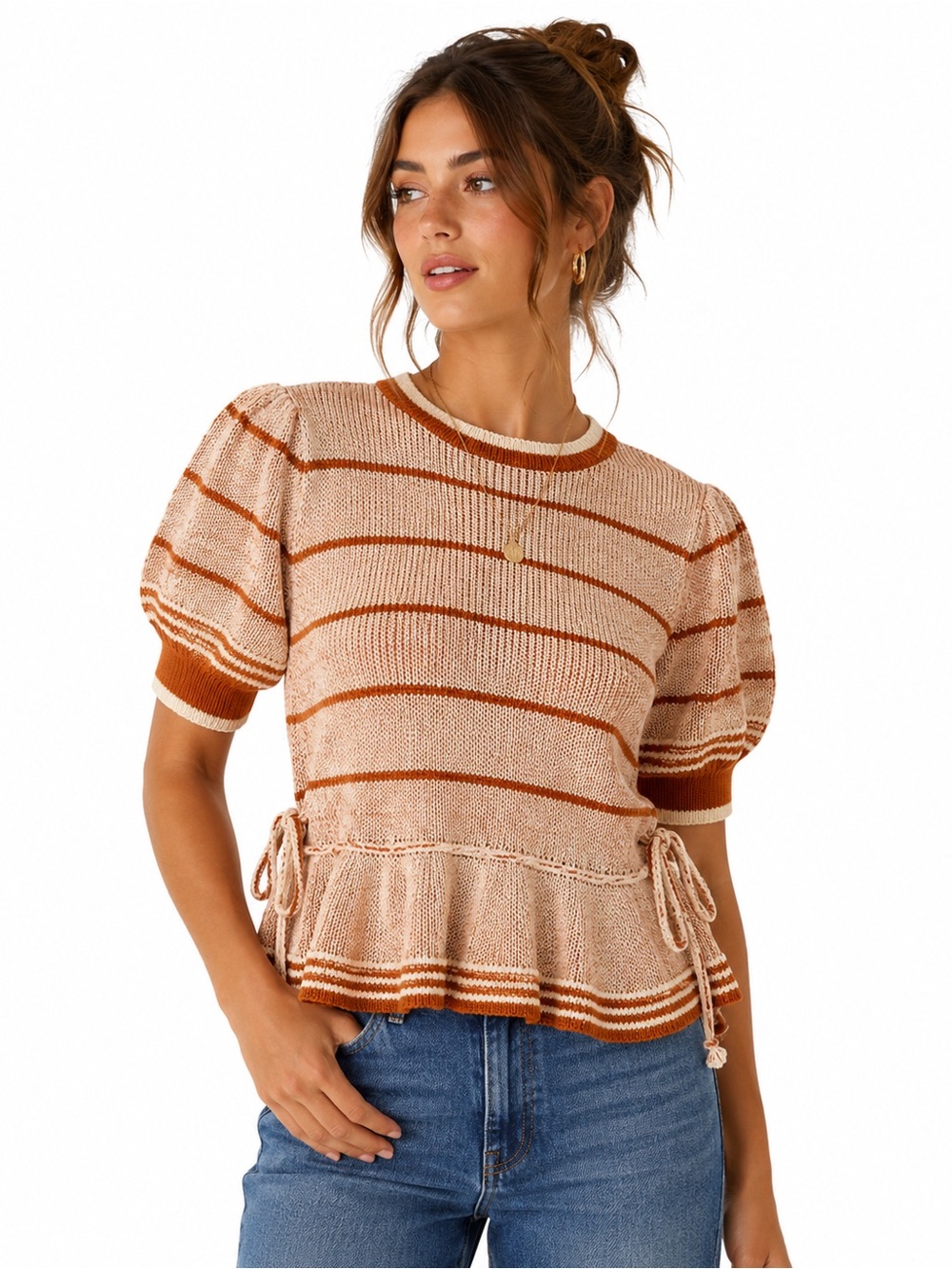 On Twelfth Striped Knit Top L Puff Sleeve Tie Waist Cottagecore Fall Earthy